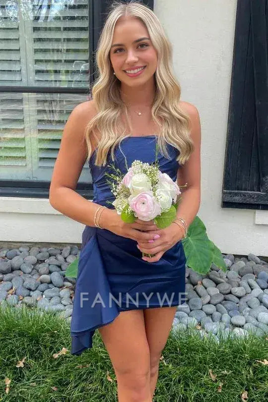 FannyWe Simple Navy Blue Strapless Pleated Satin Sleeveless Short Party Homecoming Dress formal wear dresses